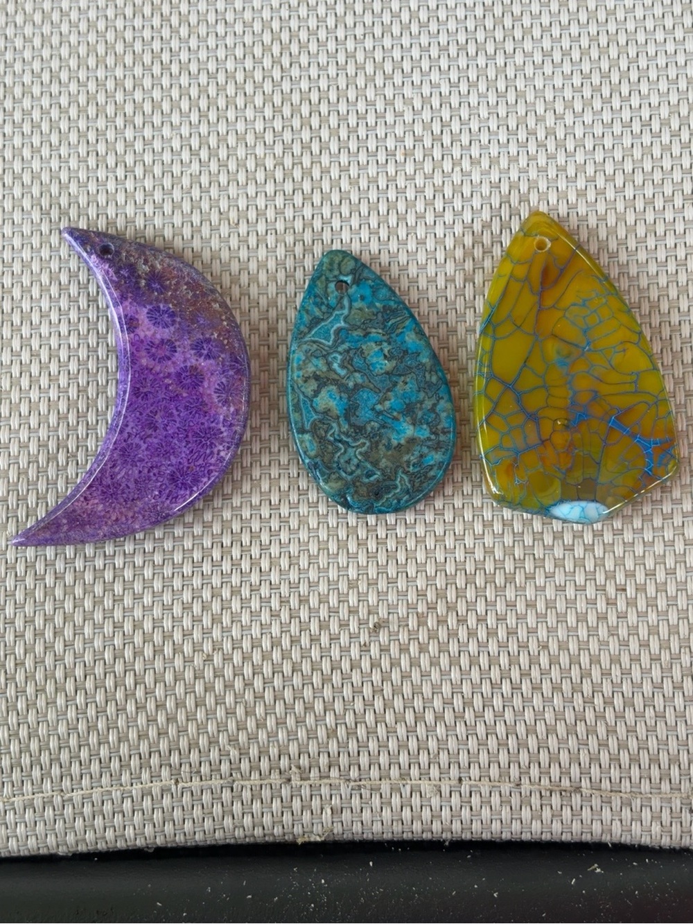 Fossilized Coral Moon, Azurite & Dragon Vein Agate Pendant Trio, Artisan Gems - Picture 3 of 3